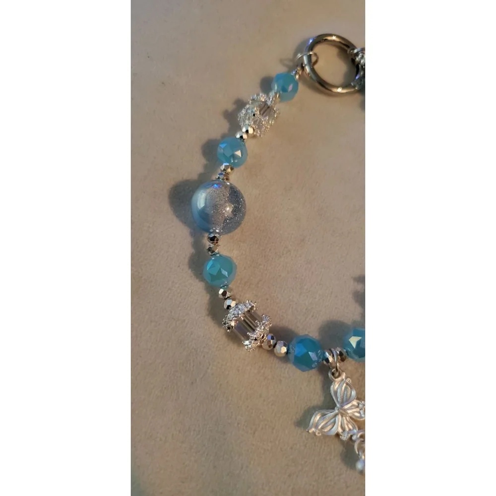 Beaded Bracelet Blue Silver Butterfly Charm phone chain